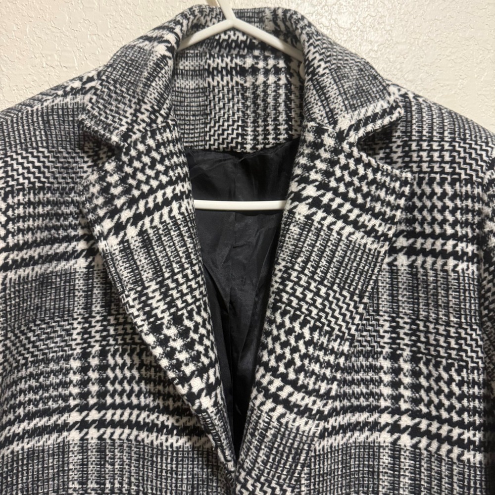 Uaneo Unisex Black White Plaid Wool Blend‎ Longline Coat Jacket RJ-C121 Small - Picture 4 of 16